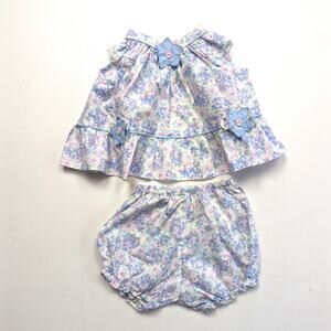 Vintage Allison Ann Outfit Baby Girls Size 6-9m Blue Floral Open Back
